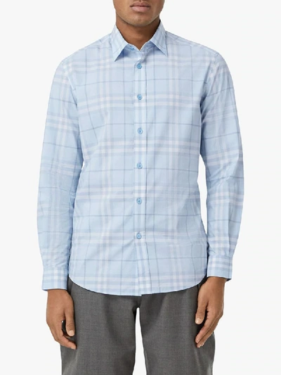 Shop Burberry Check Pattern Shirt In Blue