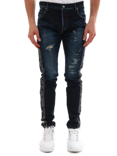 Shop Balmain Logo Jeans Slim In Blu