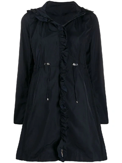 Shop Moncler Ruffle Trim Parka Coat In Blue