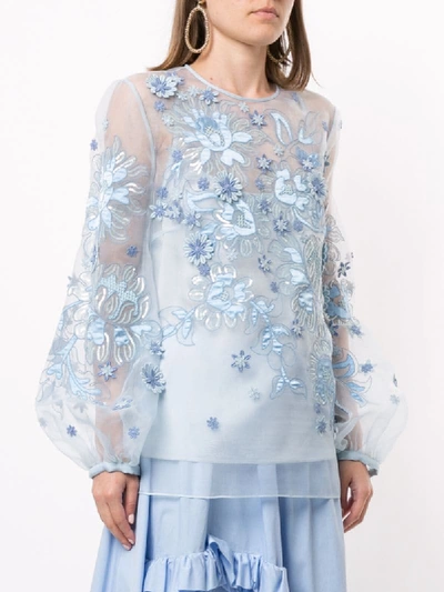 Shop Andrew Gn Floral Sheer Long-sleeve Blouse In Blue