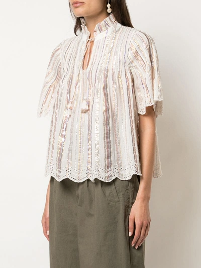 Shop Sea Striped Ruffle Neck Blouse In Neutrals