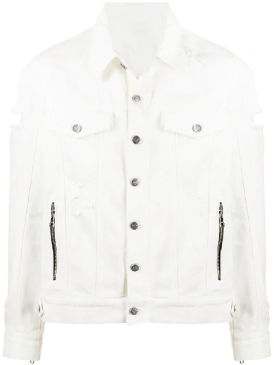 Shop Balmain Distressed Logo Print Denim Jacket In White