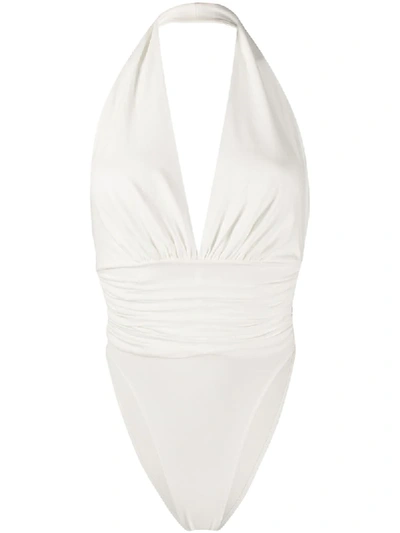 Shop Alexandre Vauthier Plunge Style Halterneck Swimsuit In White