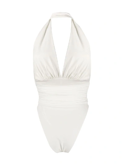 Shop Alexandre Vauthier Plunge Style Halterneck Swimsuit In White