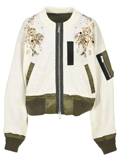 Shop Sacai Sequin Embellished Zipped Jacket In White Military Green