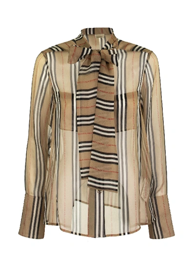 Shop Burberry Logo Print Icon Stripe Silk Chiffon Pussy-bow Blouse In Archive Beige