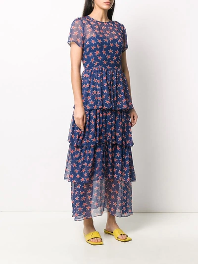 Shop Hvn Star-print Ruffled Dress In Blue