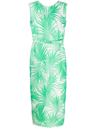 Shop Sara Battaglia Palm-jacquard Belted Long Sheath Dress In Green