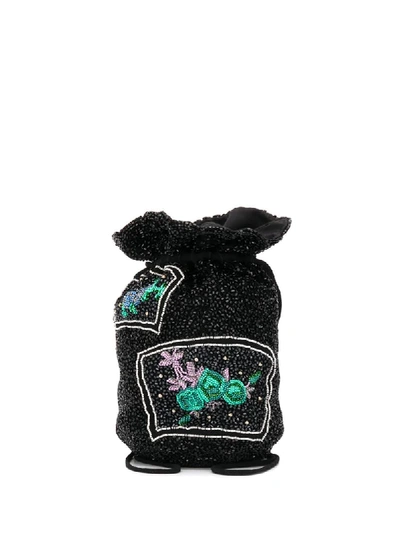 Shop Ganni Beaded Drawstring Mini Bag In Black