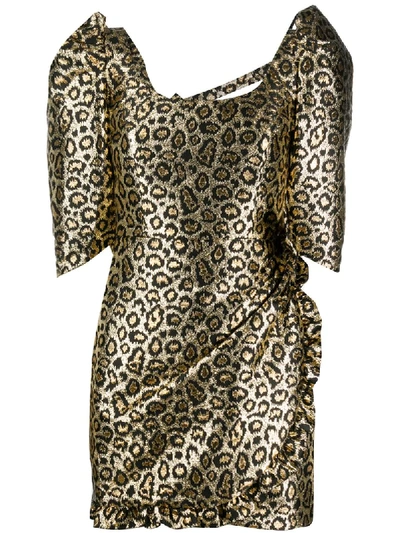 Shop Alessandra Rich Leopard Print Puff Sleeve Dress In Gold