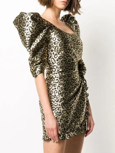 Shop Alessandra Rich Leopard Print Puff Sleeve Dress In Gold