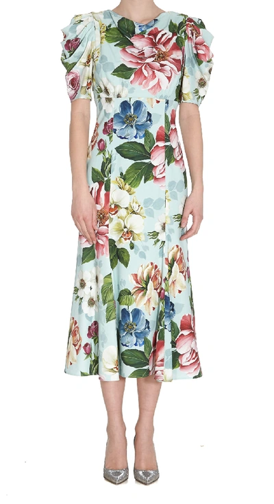 Shop Dolce & Gabbana Cady Dress With Flower Print In Celeste