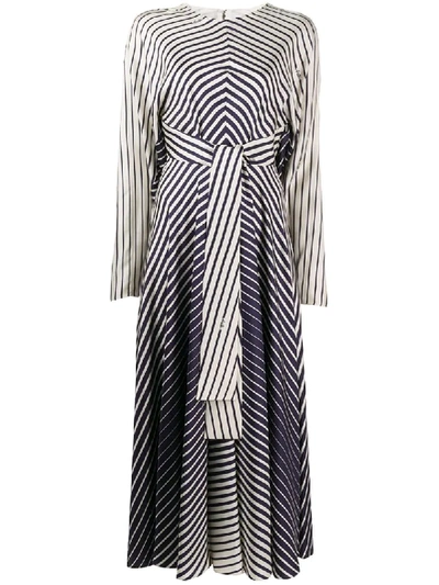 Valentino Engineer-striped Silk Tie-waist Midi Dress In Neutrals
