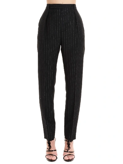 Shop Saint Laurent Stripe Cropped Trousers In Noir Argent