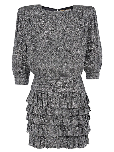 Shop Saint Laurent Layered Pleated Short Dress In Noir Argent