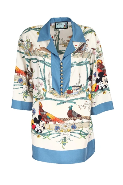 Shop Gucci Disney X Silk Twill Shirt In Ivory/blue