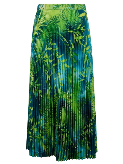 Shop Versace Leaf Print Pleated Skirt In Green