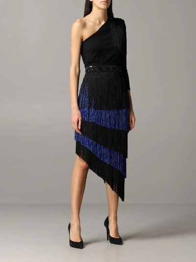 Shop Elisabetta Franchi Celyn B. Elisabetta Franchi Dress Elisabetta Franchi One-shoulder Dress With Fringes In Black