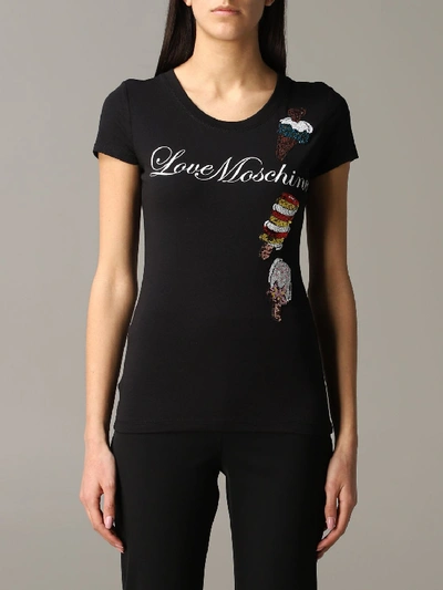 Shop Love Moschino T-shirt With Ice Cream And Sequins Print In Black