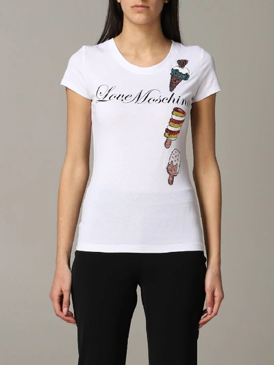 Shop Love Moschino T-shirt With Ice Cream And Sequins Print In White