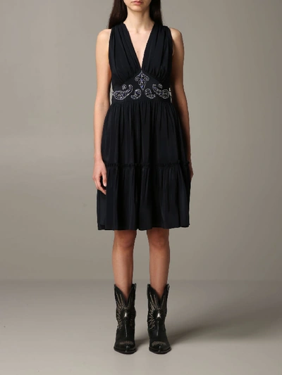 Shop Golden Goose Silk Dress With Texas-style Details In Blue