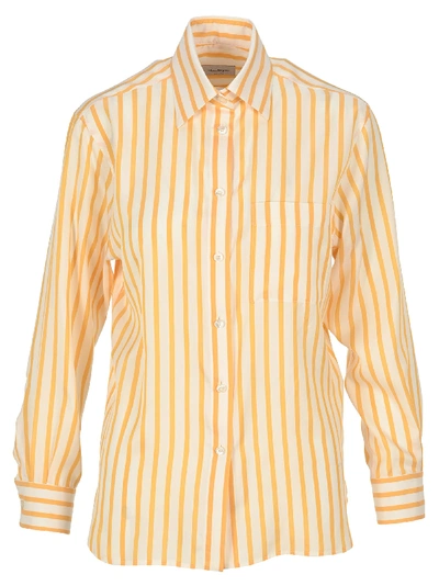 Shop Ferragamo Striped Silk Shirt In White + Yellow