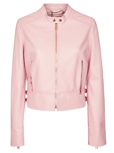 Shop Dolce & Gabbana Cropped Leather Biker Jacket In Pink