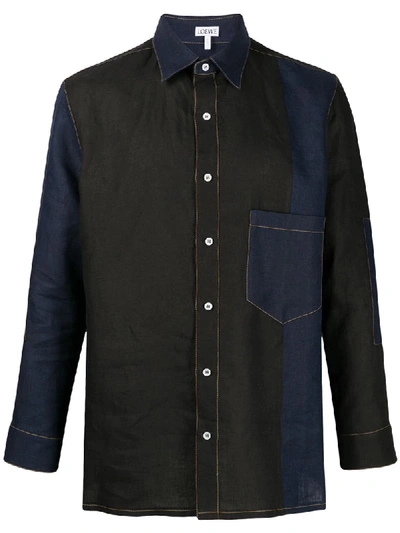 Shop Loewe Contrast-stitch Panelled Shirt In Blue