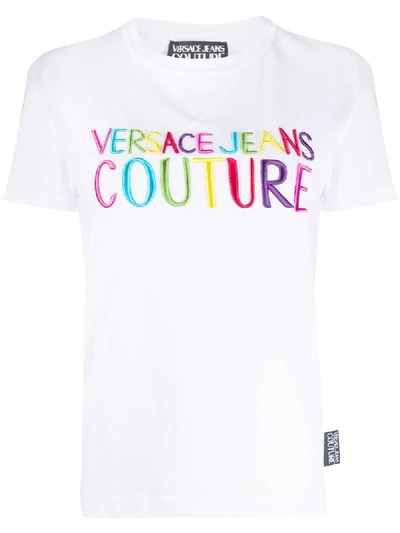 Shop Versace Jeans Couture Crew Neck Embroidered Logo T-shirt In White
