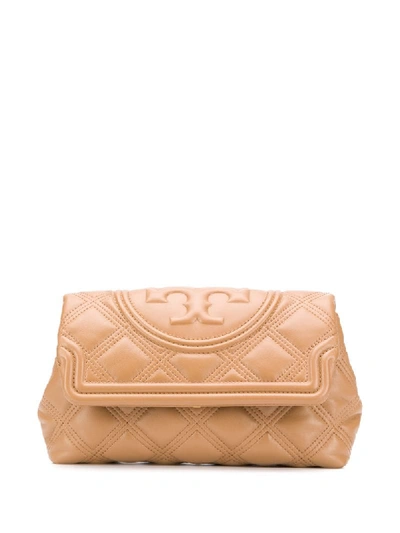 Shop Tory Burch Fleming Quilted-effect Clutch Bag In Brown