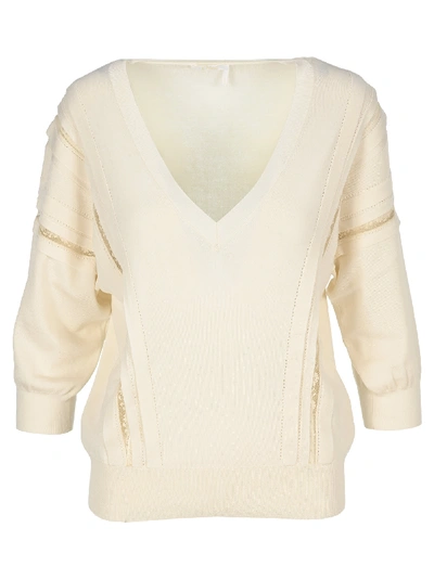 Shop Chloé Chloe Lace-trimmed Knitted Sweater In Iconic Milk
