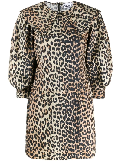 Shop Ganni Leopard Print Puff-sleeve Dress In Brown