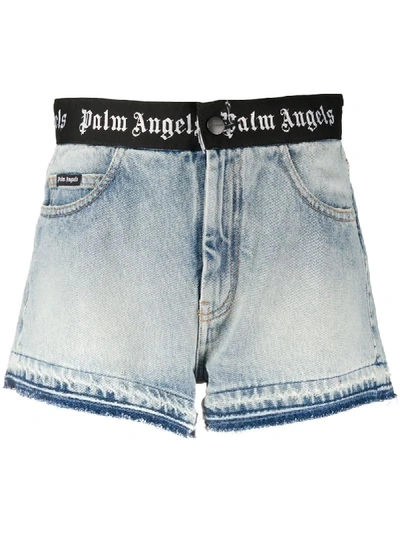 Shop Palm Angels Logo Print Denim Shorts In Blue