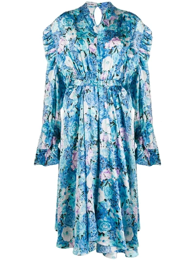 Shop Balenciaga Floral Print Ruffle-trimmed Dress In Blue