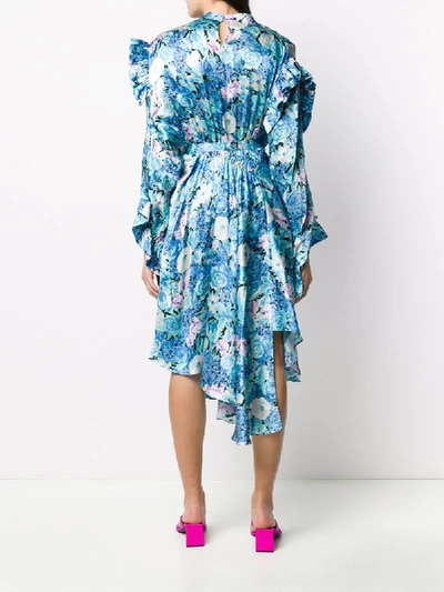 Shop Balenciaga Floral Print Ruffle-trimmed Dress In Blue