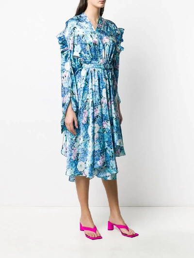 Shop Balenciaga Floral Print Ruffle-trimmed Dress In Blue