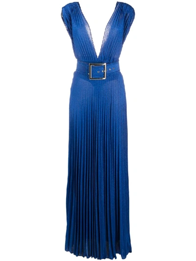 Shop Elisabetta Franchi Belted Maxi Dress In Blue