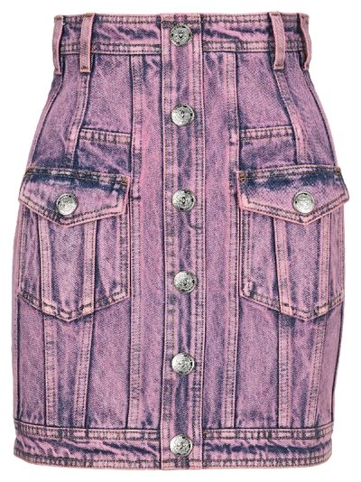 Shop Balmain Acid Wash Denim Skirt In Pink