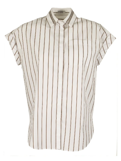 Shop Brunello Cucinelli Cotton Shirt Striped Poplin Shirt With Shiny Tulle Insert In Bianco