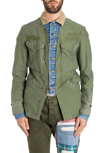 Shop Greg Lauren Military Jacket With Denim Details In Verde