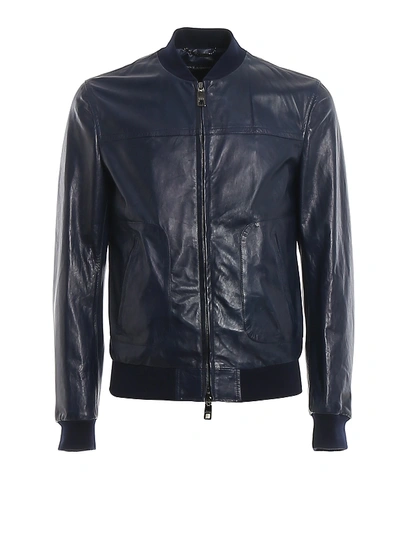 Shop Dolce & Gabbana Leather Bomber Jacket In Blu Scuro