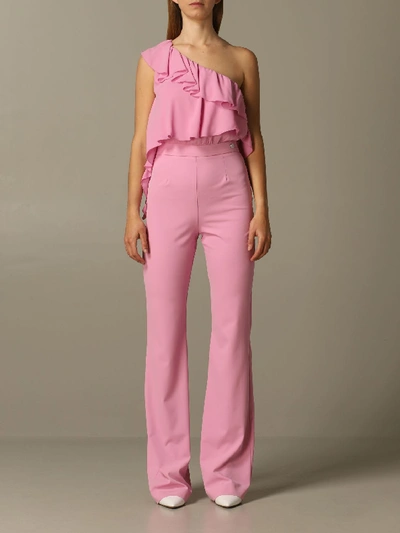Shop Be Blumarine One-shoulder Jumpsuit In Cady And Chiffon In Pink