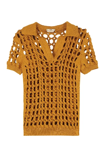 Shop Fendi Interlock Knit Polo Shirt In Mustard