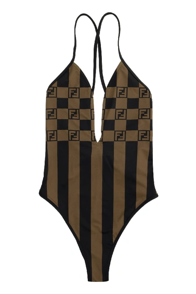 Shop Fendi Printed One-piece Swimsuit In Brown