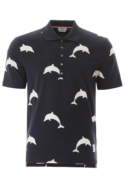 Shop Thom Browne Dolphin Print Polo Shirt In Navy (blue)