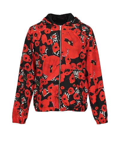 Shop Les Hommes Poppy Print Lightweight Jacket In Black/red