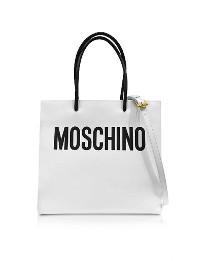 Shop Moschino White And Black Signature Leather Vertical Tote