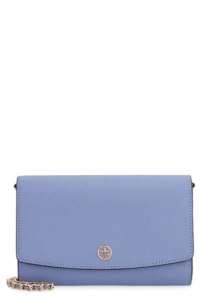 Shop Tory Burch Robinson Leather Wallet On Chain In Blue