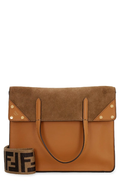 Shop Fendi Flip Leather Tote In Saddle Brown