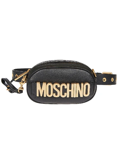 Shop Moschino Eyelet Stud Logo Plaque Belt Bag In Black/gold